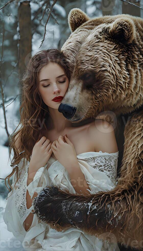 Woman and Bear in a Snowy Forest photo