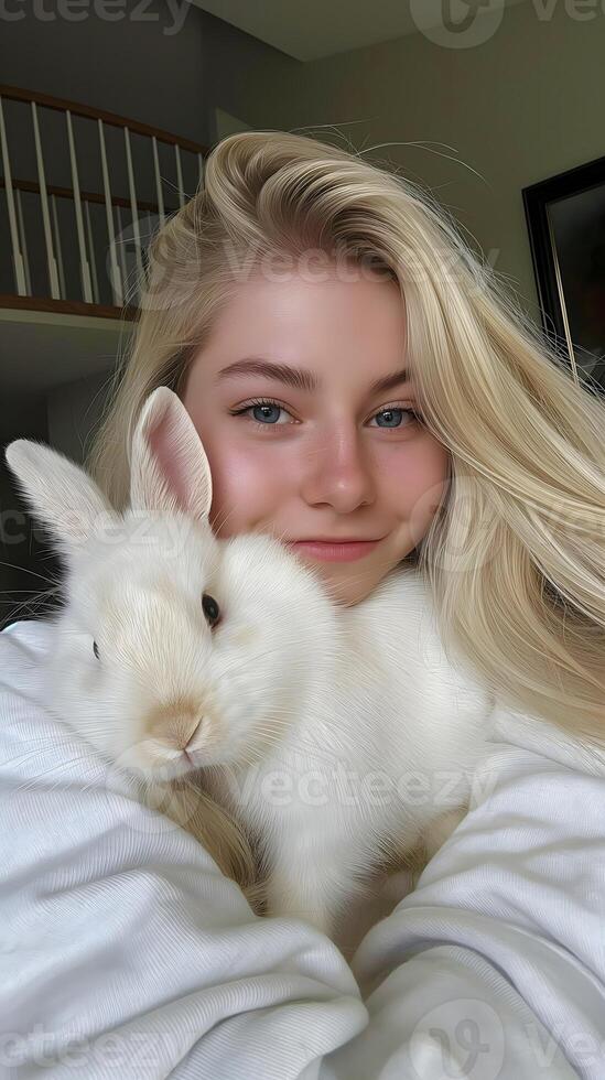 Woman with Rabbit in Soft Light photo