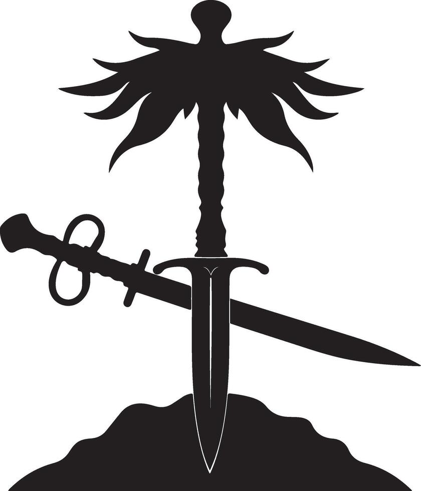A black and white silhouette of a sword and dagger vector