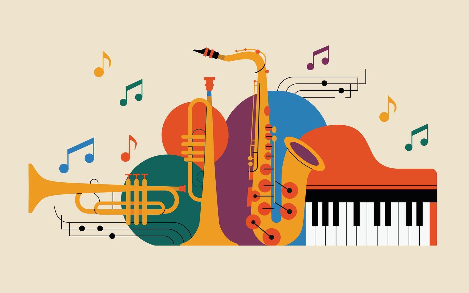 Colourful jazz instruments and notes vector