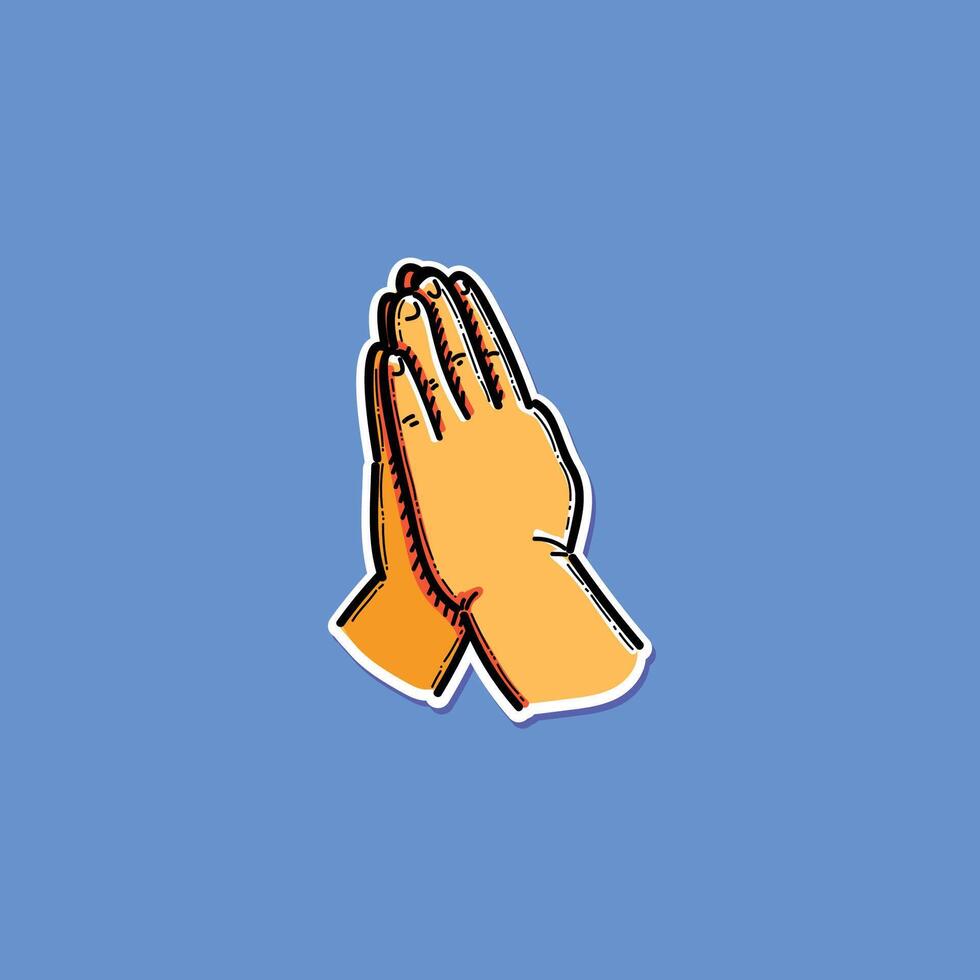 Colorful digital illustration of two hands in a praying position against a bright blue background, symbolizing gratitude, hope, and spirituality. vector