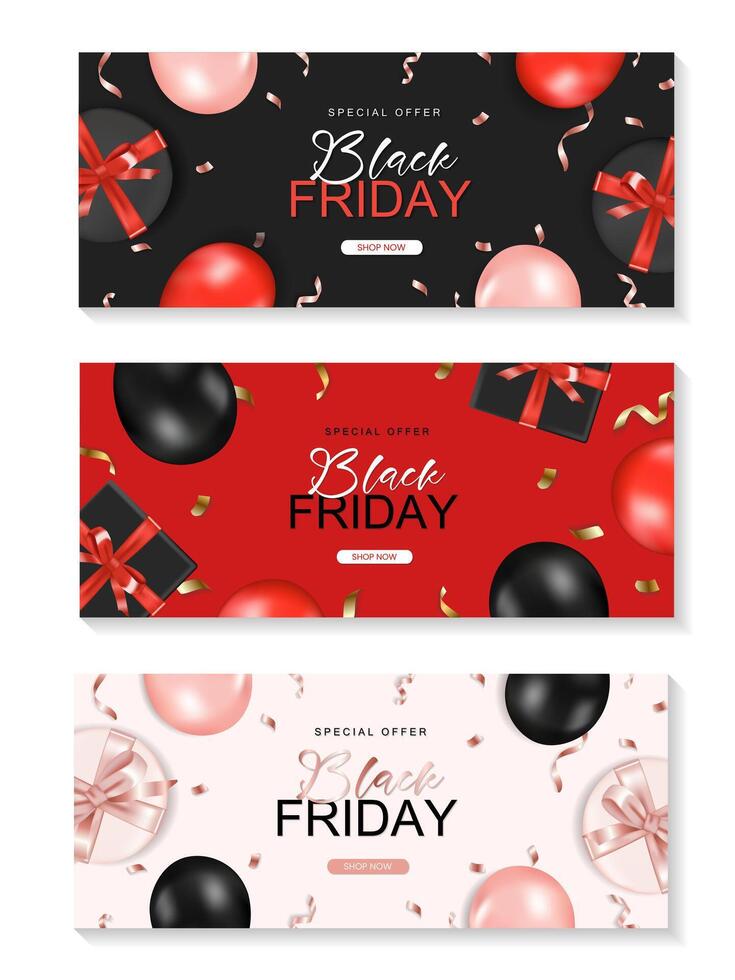 Black friday horizontal sale banner set with realistic glossy balloons, gift box and ribbon text on background. illustration. vector