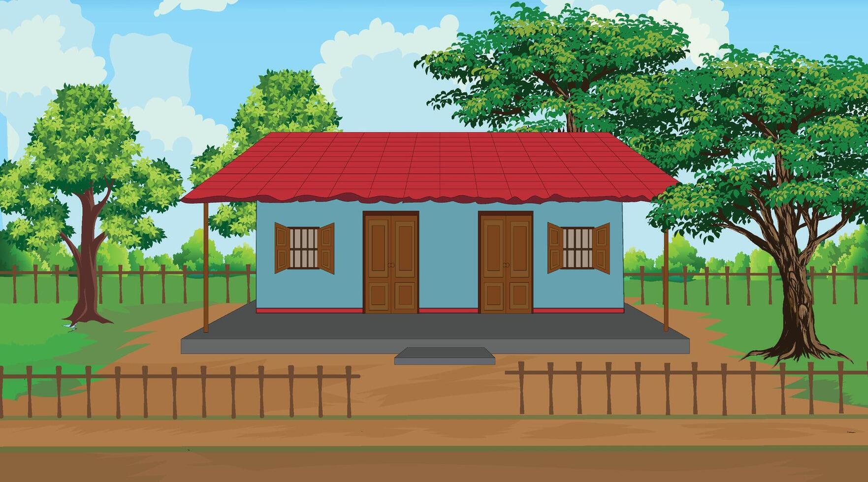 Nature village 2d cartoon background, village house, green tree, Beautiful sky vector