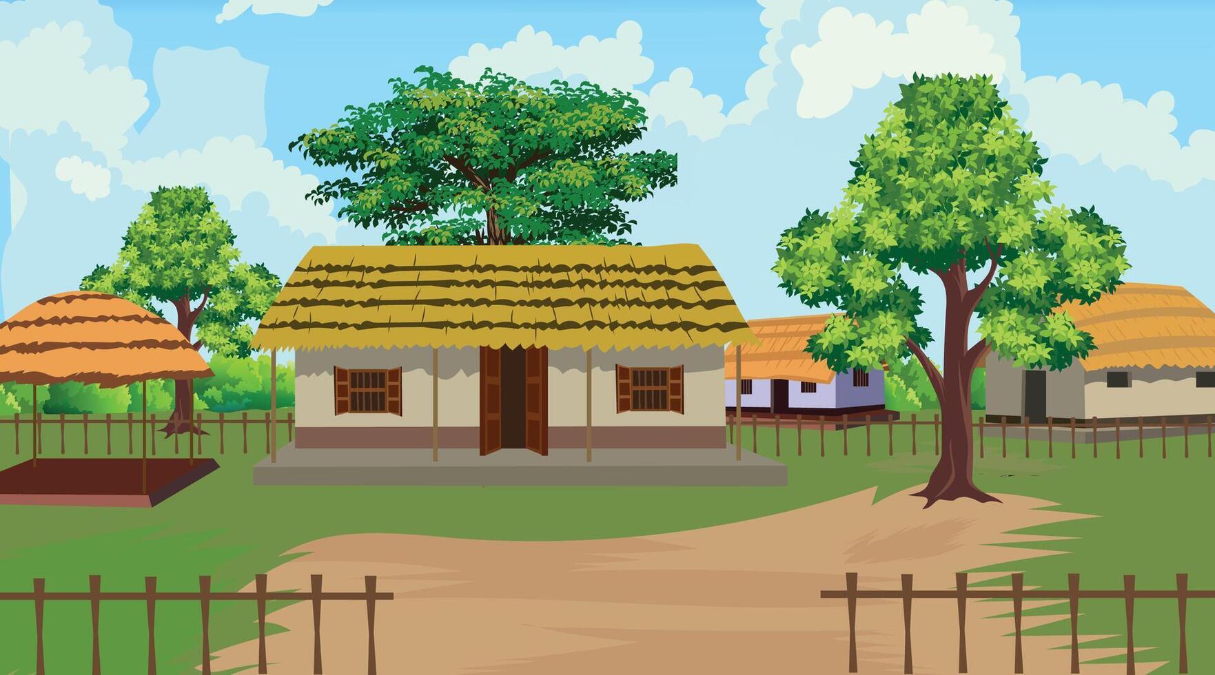 Nature village cartoon background, village house, green tree, Beautiful sky, Village scene vector