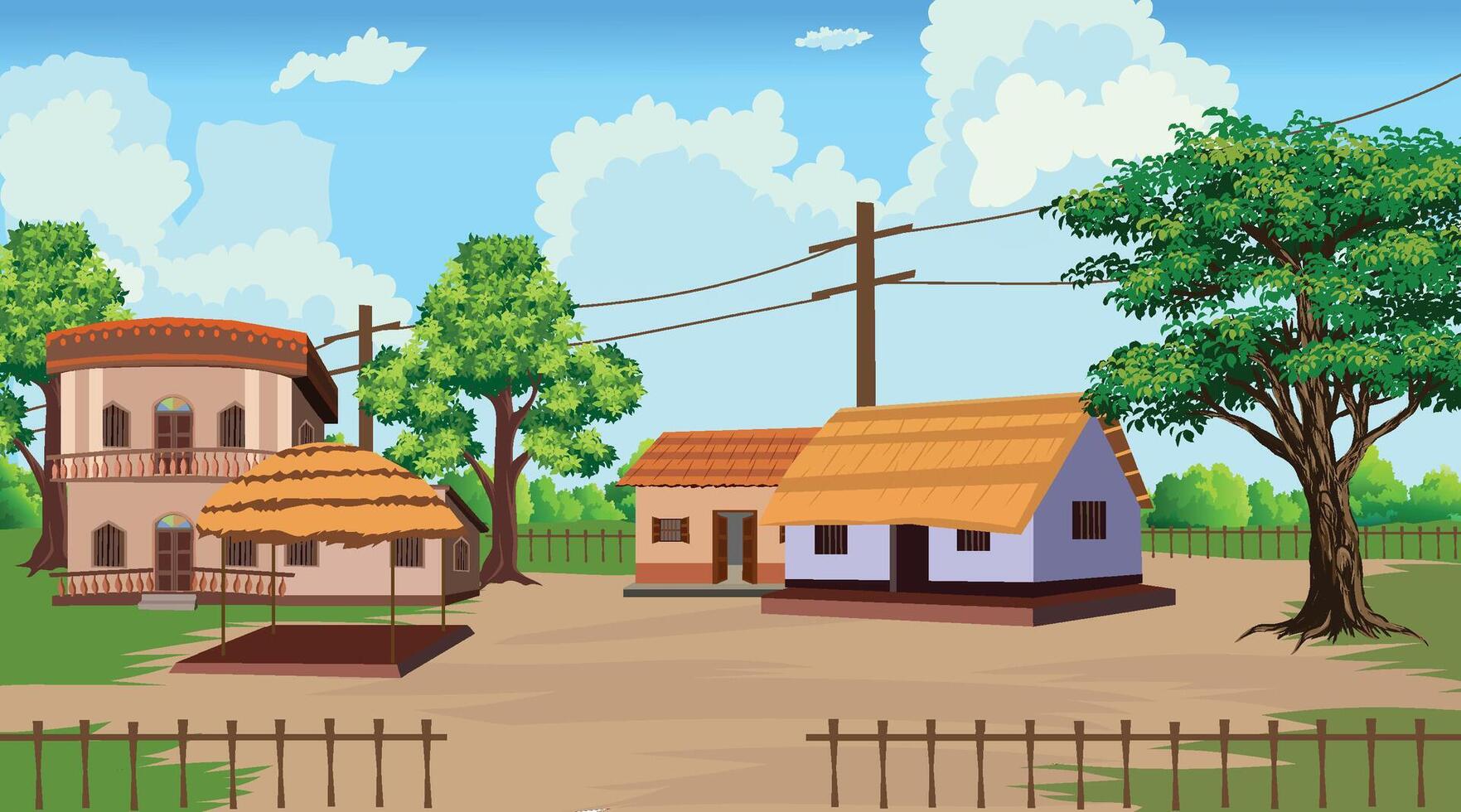 Nature village 2d cartoon background, village house, green tree, Beautiful sky, Village scene vector
