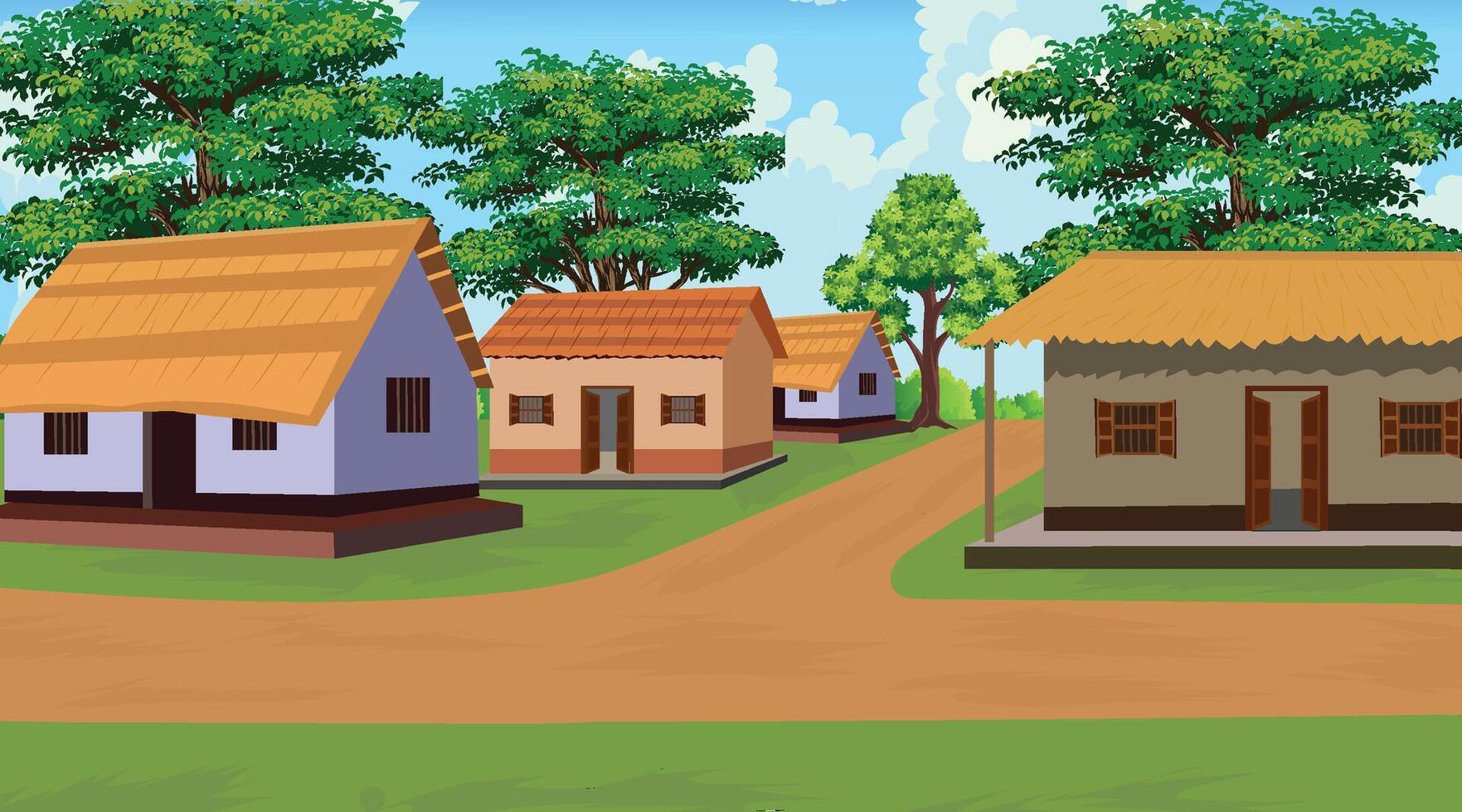 Nature village 2d cartoon background Free, Beautiful sky, green tree, village sine vector