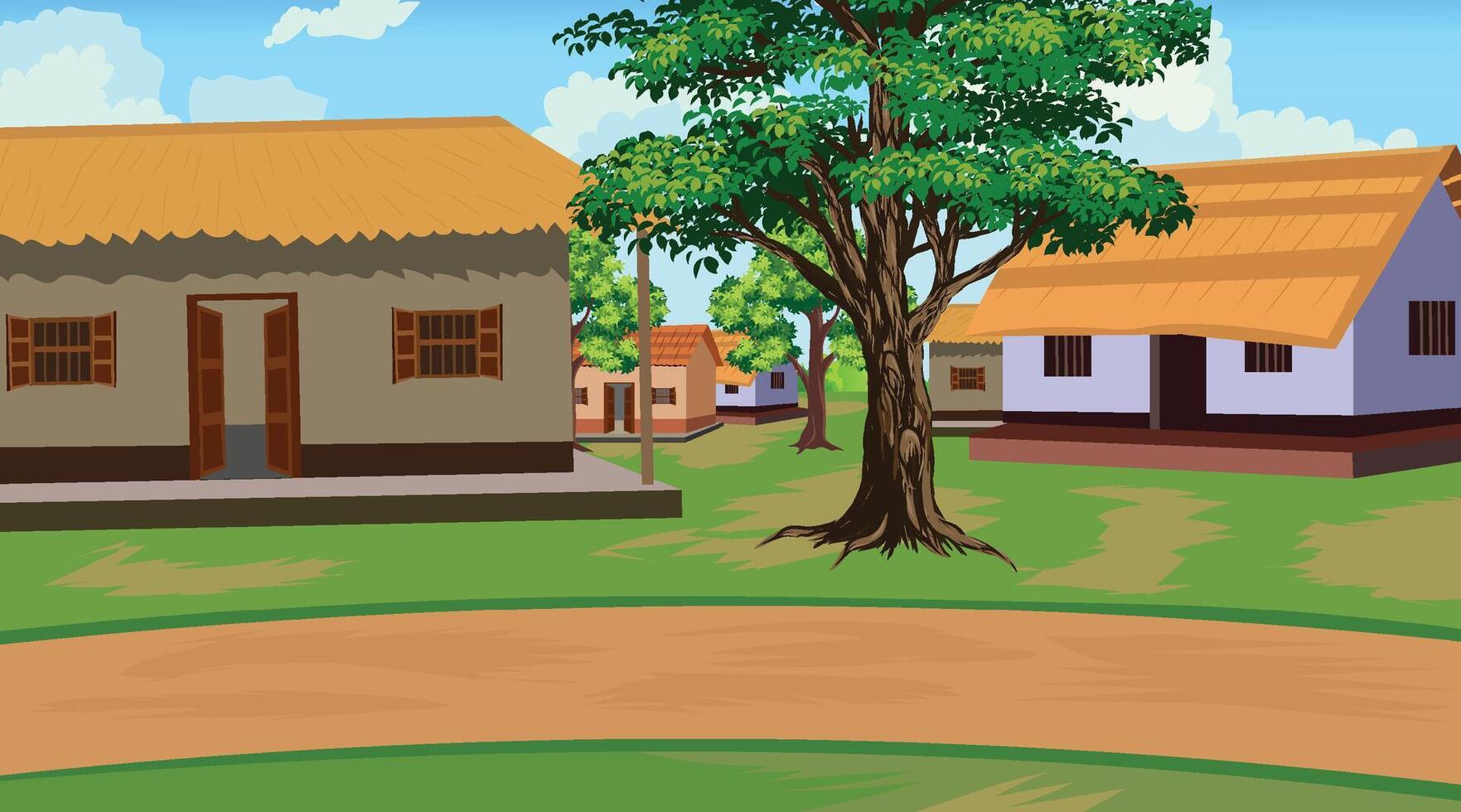 Beautiful view of the village, green tree, Beautiful sky, Houses and houses in rural Bengal, cartoon backround vector