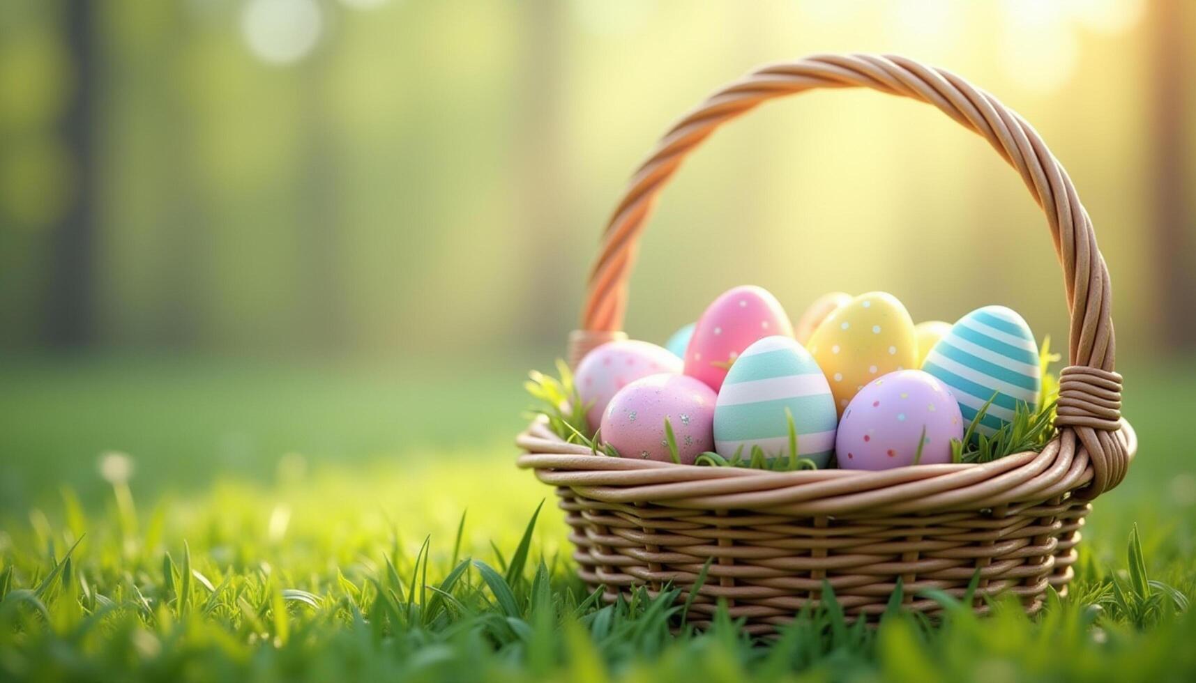 Vibrant Easter Eggs in Woven Basket on Grass photo