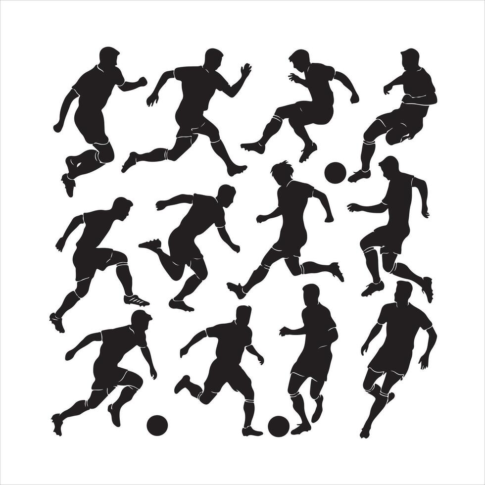 figures of soccer players set in various dynamic black silhouette white background vector