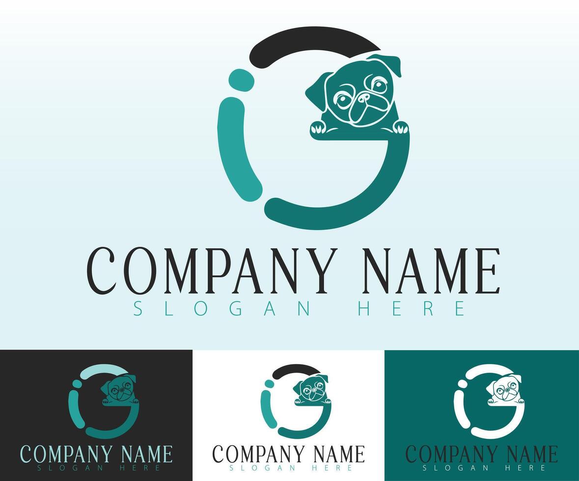 The letter O is uniquely designed with a pug dog illustration as part of the logo concept. vector