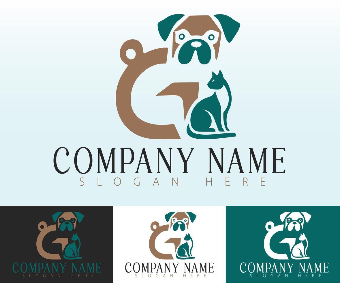 A logo where a pug dog and a cat is integrated into the letter G. vector
