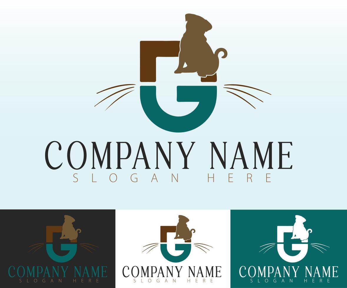 A minimalist pet business logo featuring the letter G creatively combined with a pug dog and cat whiskers. vector