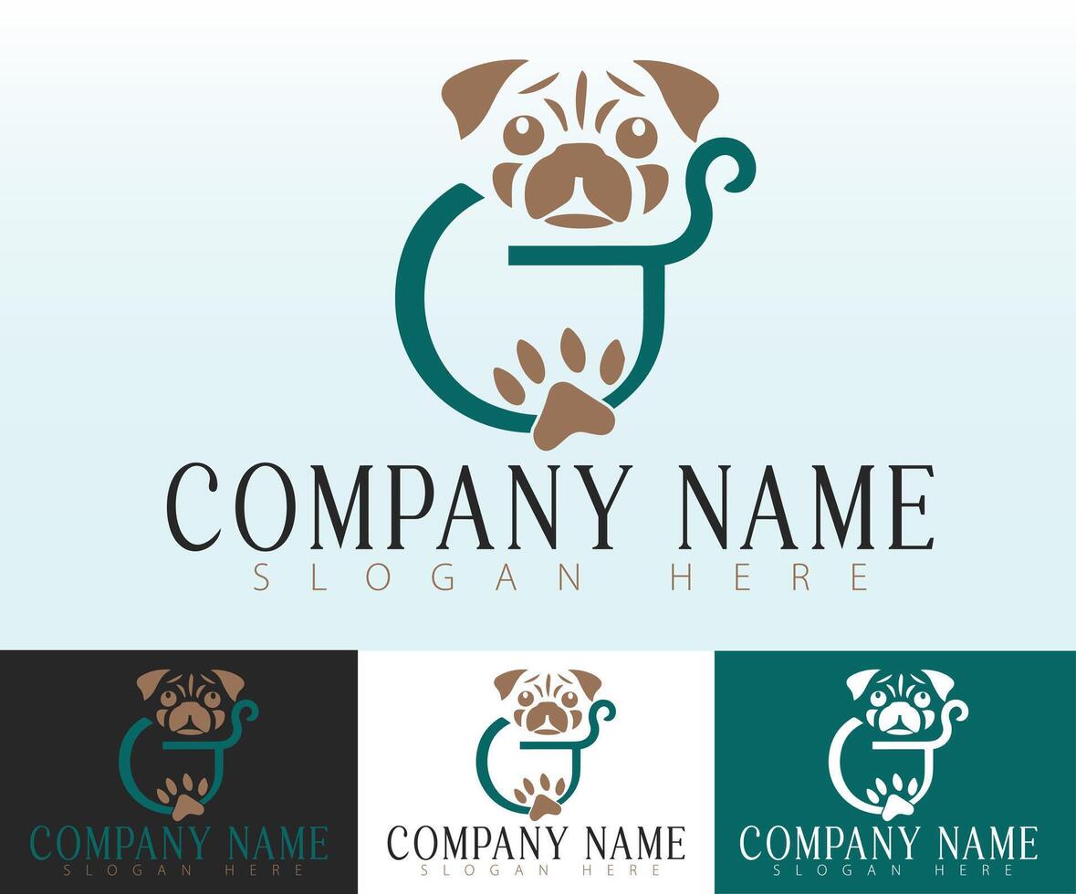 Logo design concept incorporating a pug dog image within the letter g. vector