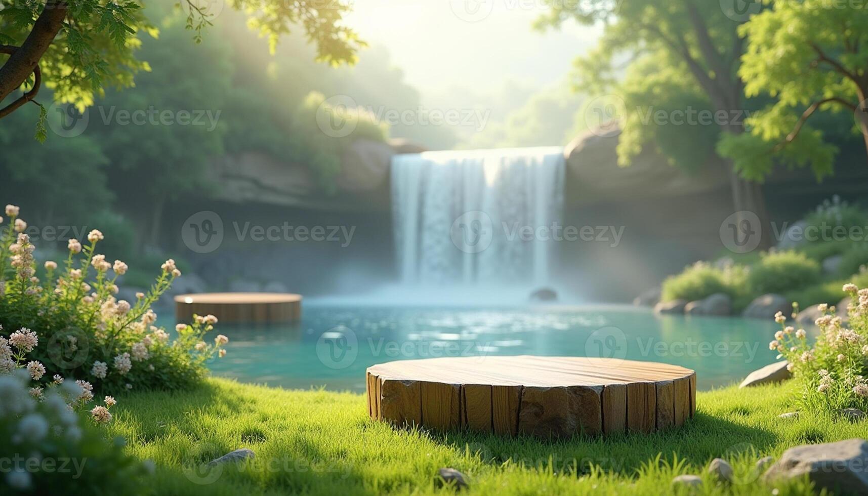 3d rendering of a waterfall and wooden tables in a lush green field photo