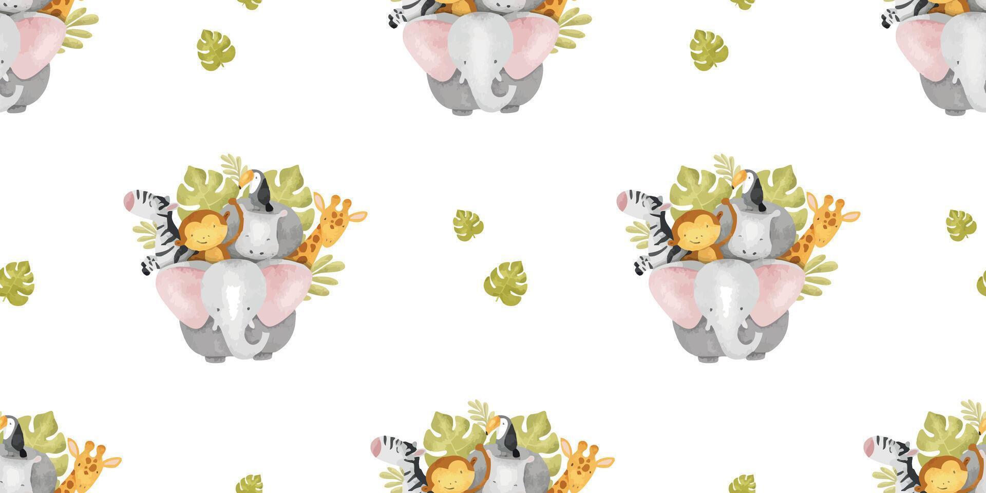 Group of African jungles animals elephant, hippo, monkey, zebra, giraffe, toucan and tropical leaves. Funny kid's hand drawn watercolor seamless pattern for baby room, poster, cards, baby shower vector
