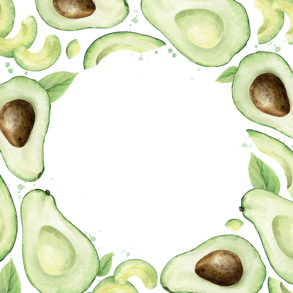 Watercolor square frame of Avocado fruits, halves fruit with seed, seedless slices and splashes. Template of healthy vegan vegetables and leaves for menu, packaging of food, cosmetics, recipe, cards vector