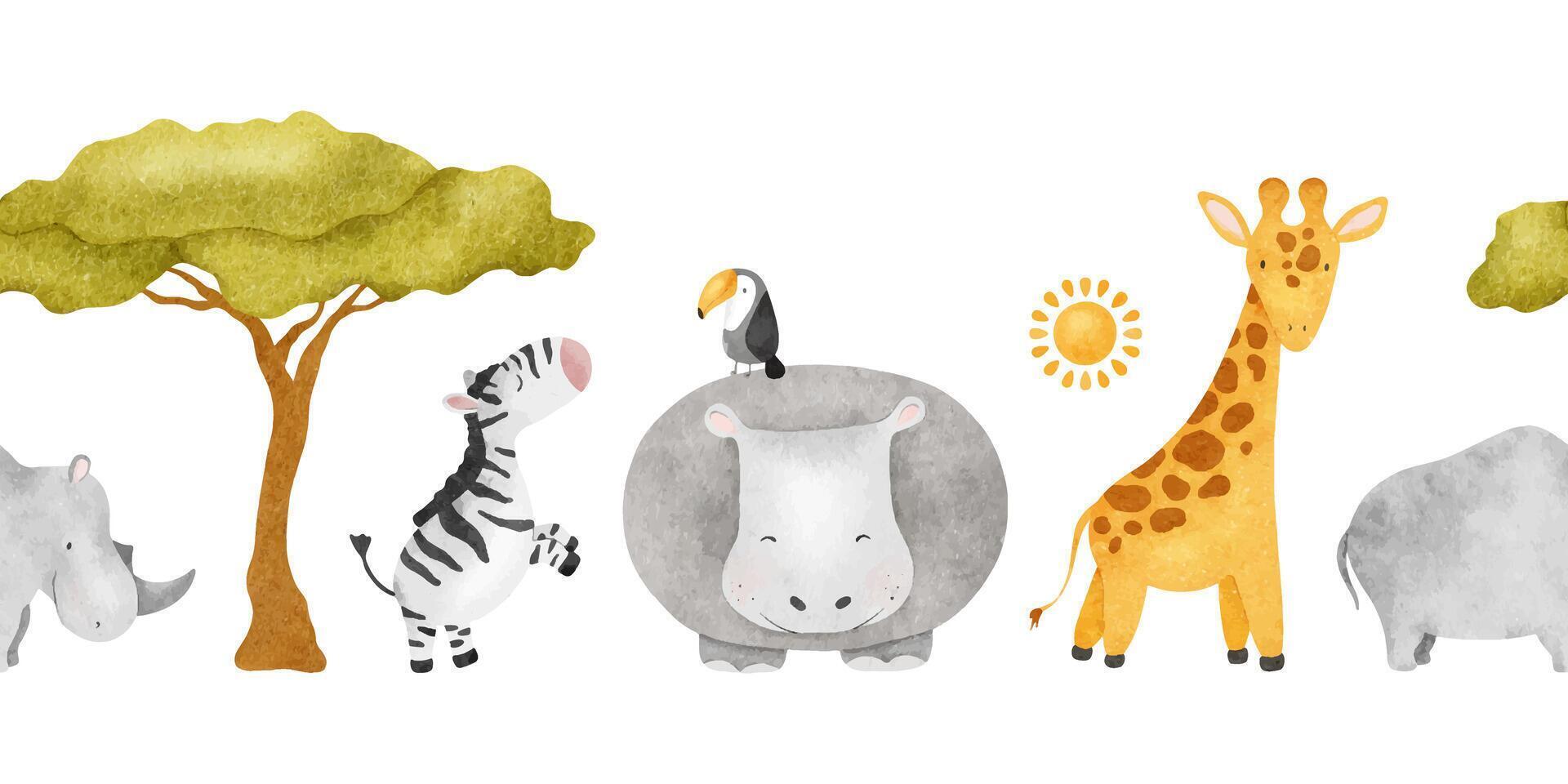 Seamless border of safari animals zebra, rhinoceros, hippo touca vector
