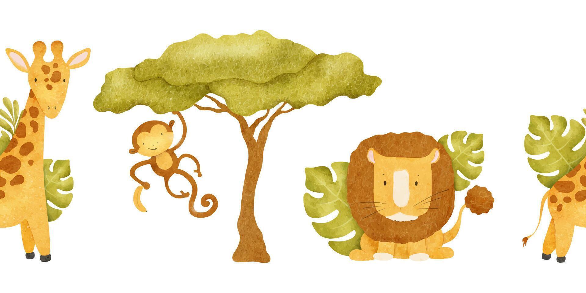 Jungle animals like lion, monkeys,giraffe, tropical trees and le vector