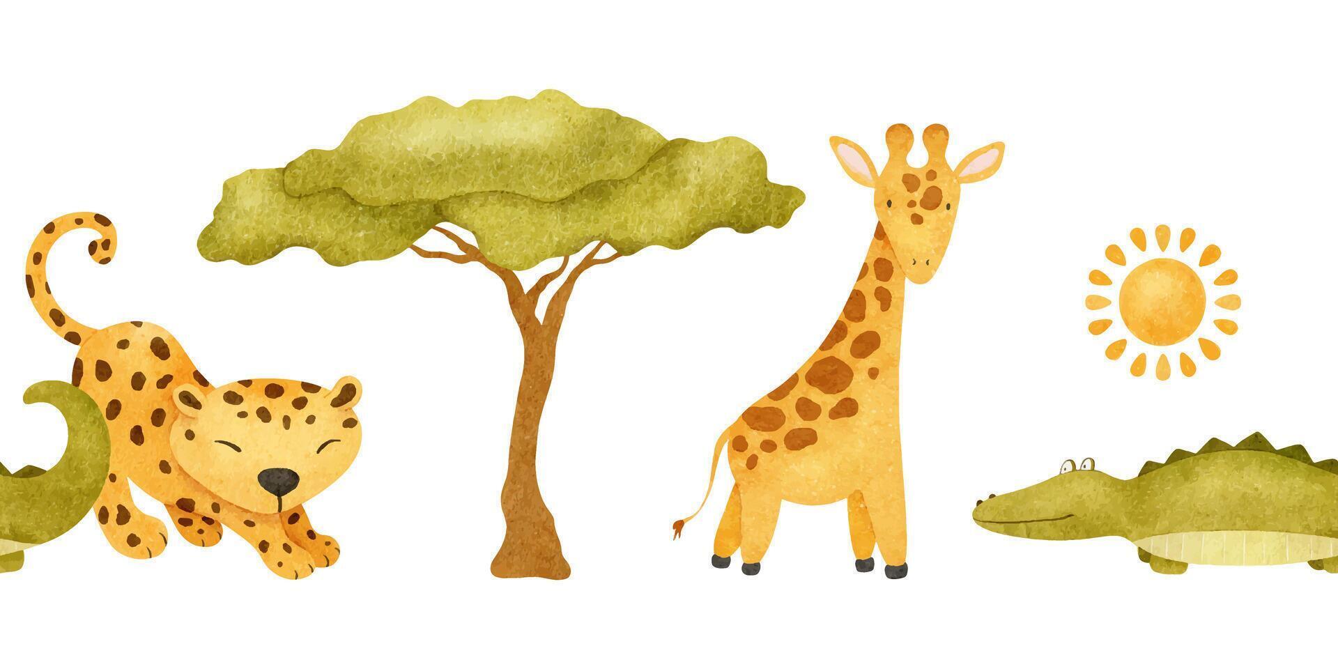 Seamless border of crocodile, giraffe, leopard, south trees, sun vector
