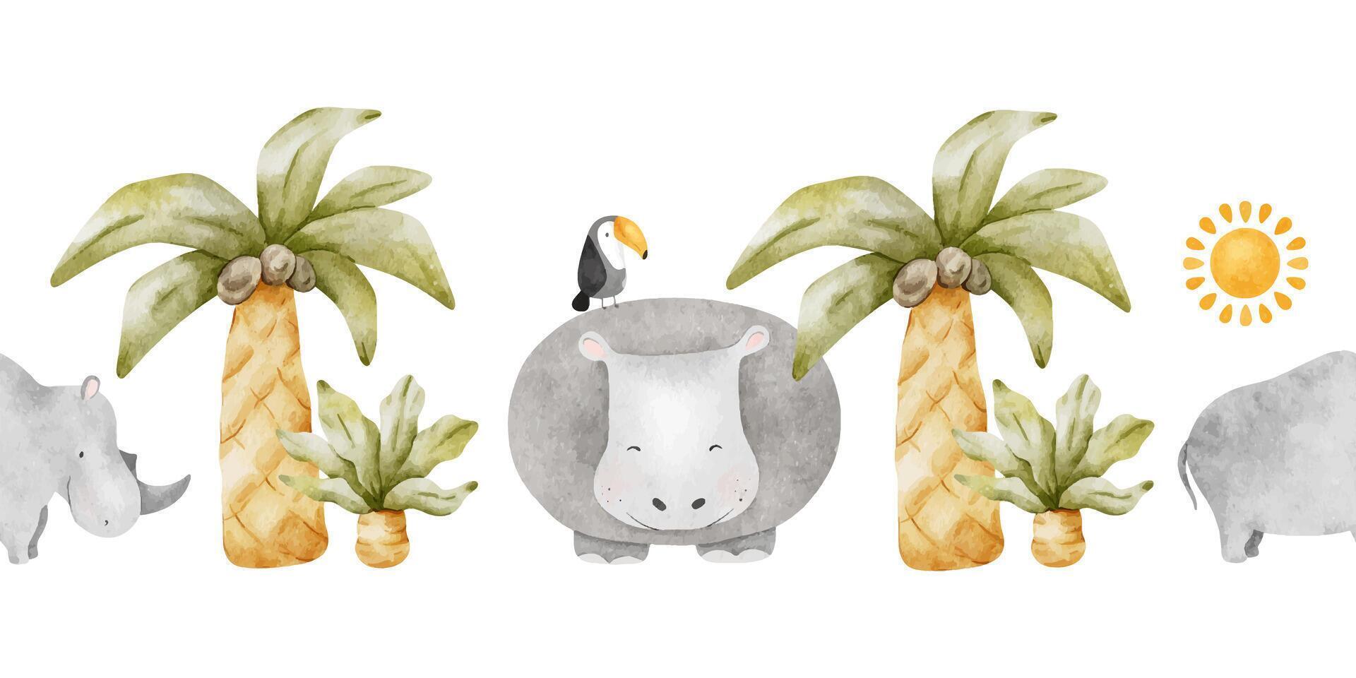 Seamless border of safari animals rhinoceros, hippopotamus, touc vector