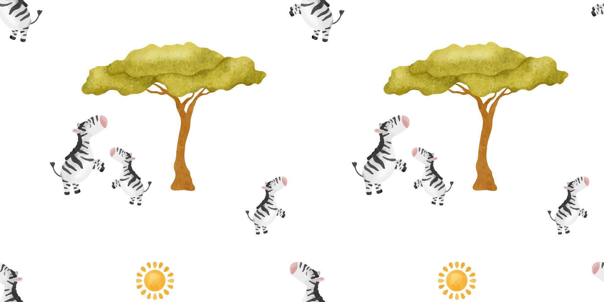 Zebra family mommy and baby among south trees. Kids summer Water vector