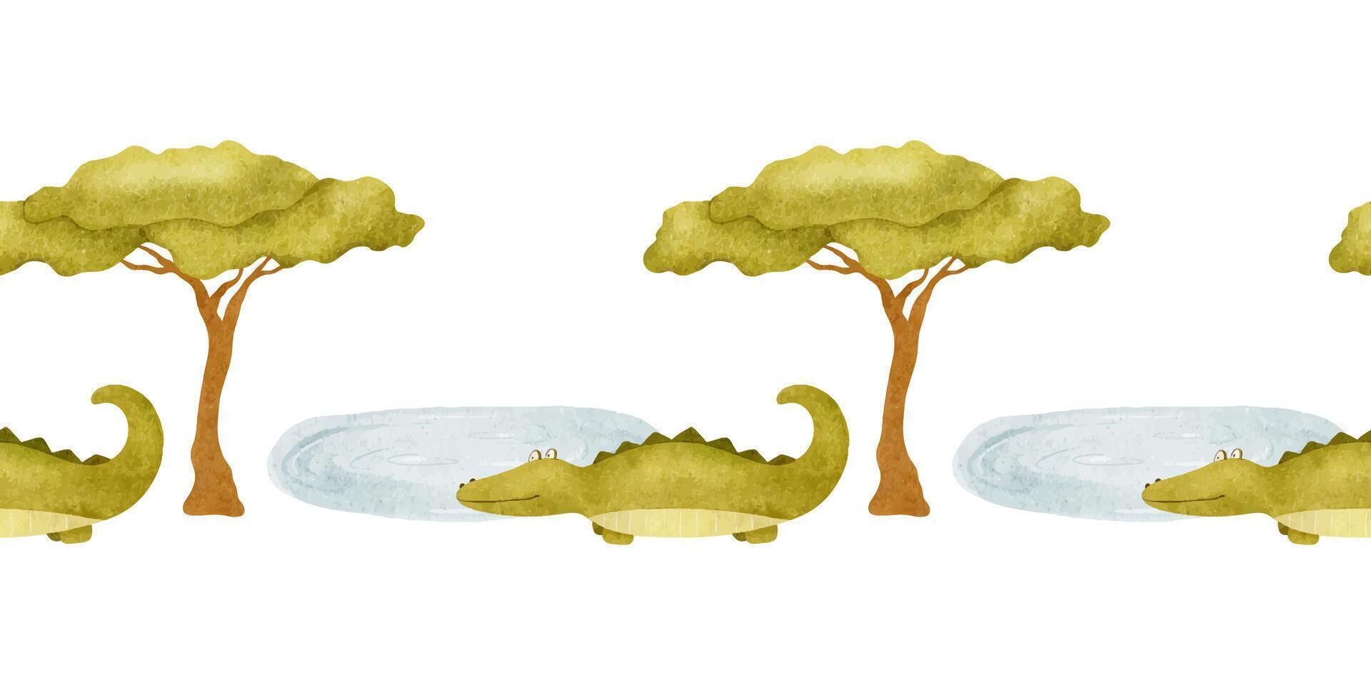 Seamless border of crocodile, south trees and lake. Isolated han vector