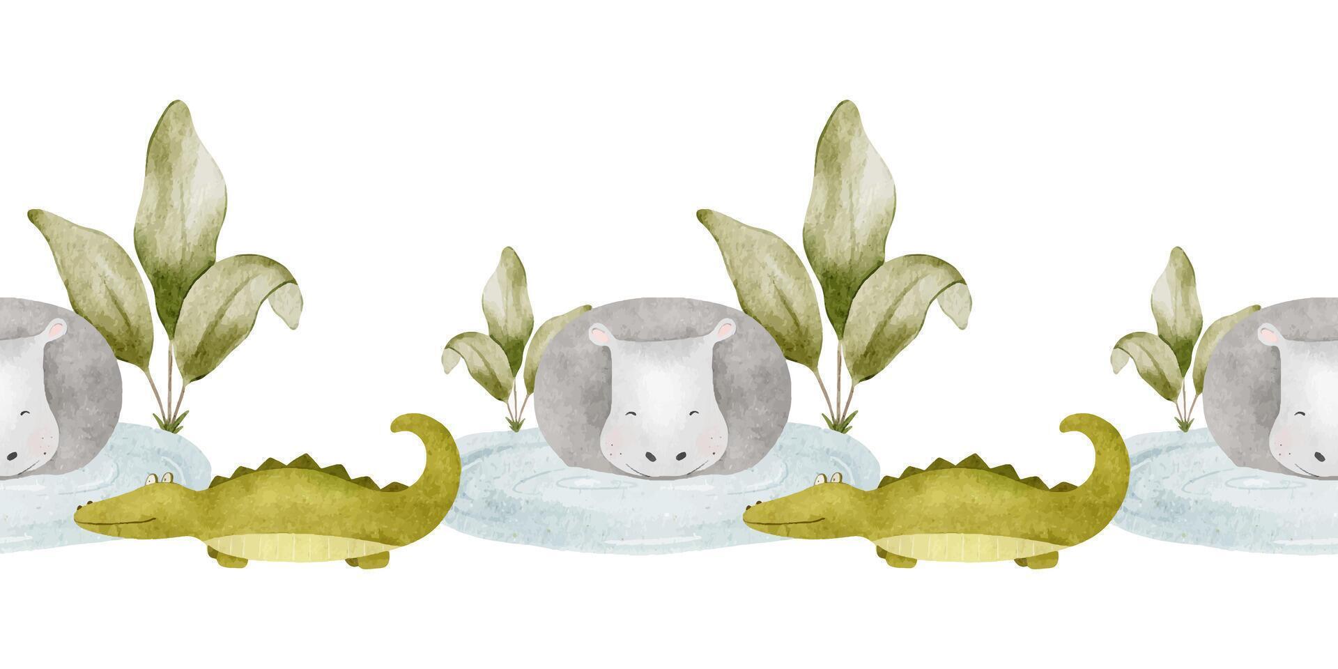 Seamless border of cute baby crocodile, hippopotamus, lake and p vector