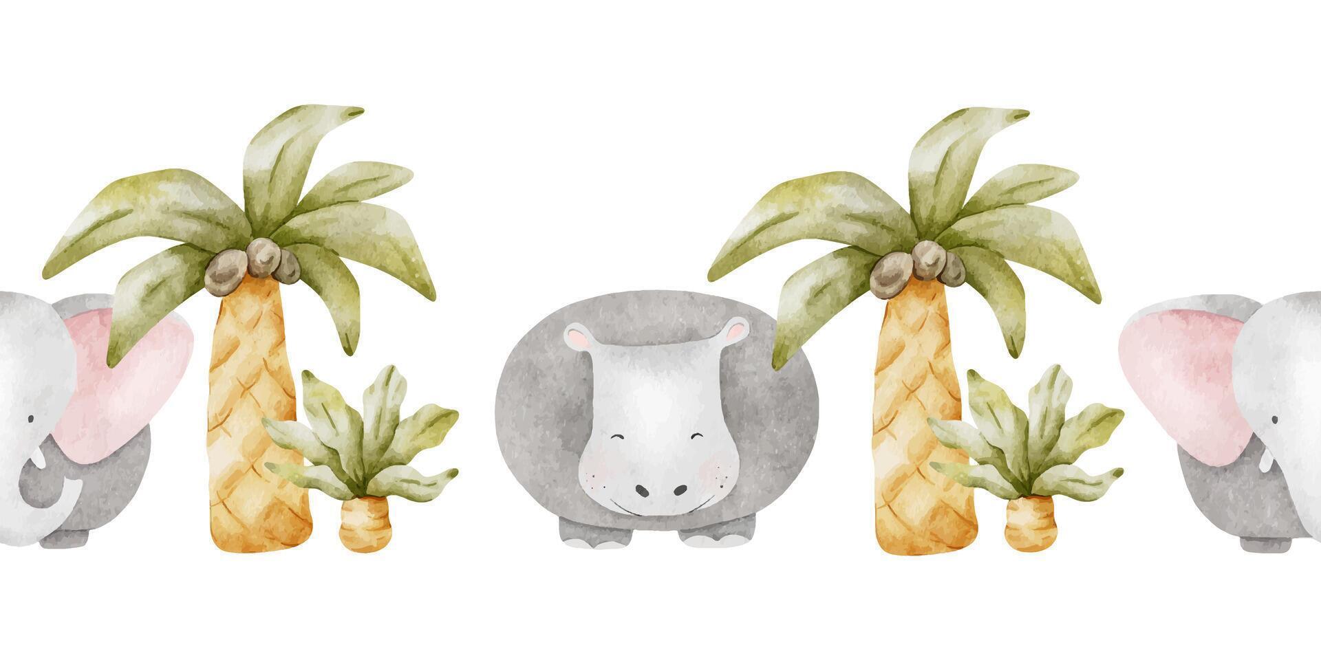 Seamless border of safari animals hippopotamus and elephant amon vector