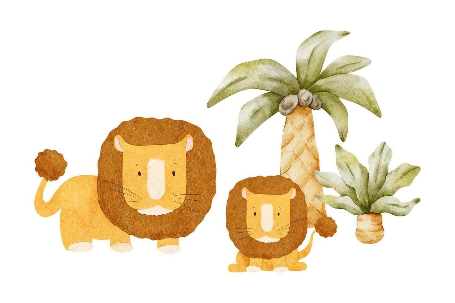 Cute lions family daddy and son, palm trees. Isolated hand drawn watercolor illustration of Lion cub. African animal. Children's Safari arrangement for baby shower cards, posters, kid's good and room vector