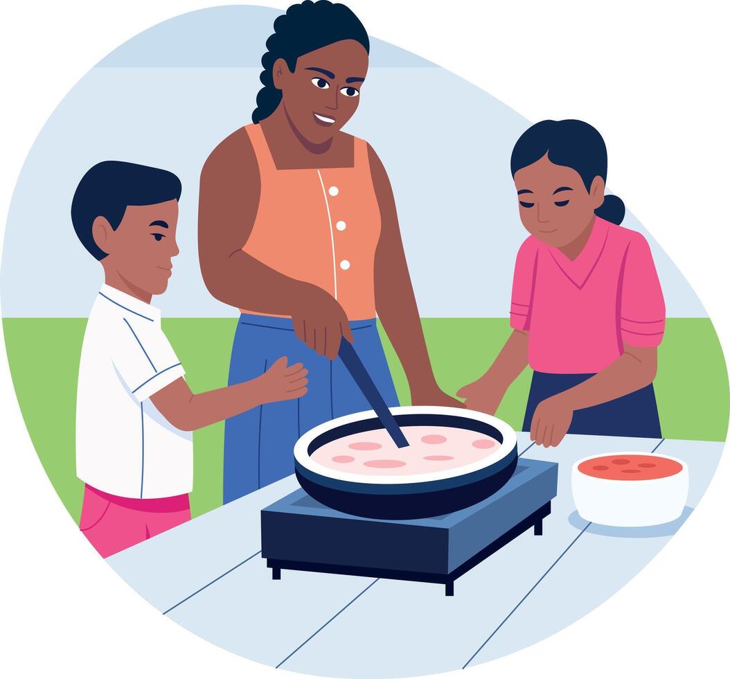 Flat illustration showing a mother cooking with her children vector
