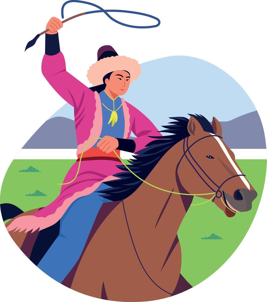 A flat style illustration of a horse rider rotating his whip vector