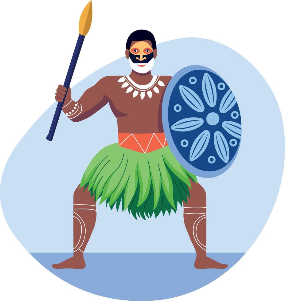 Flat illustration of a native warrior holding a spear and shield vector