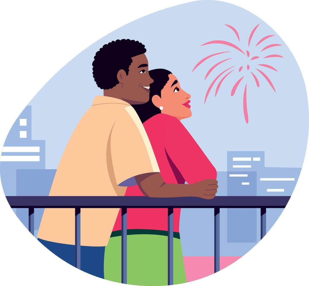 A romantic couple watching festive fireworks, flat illustration vector