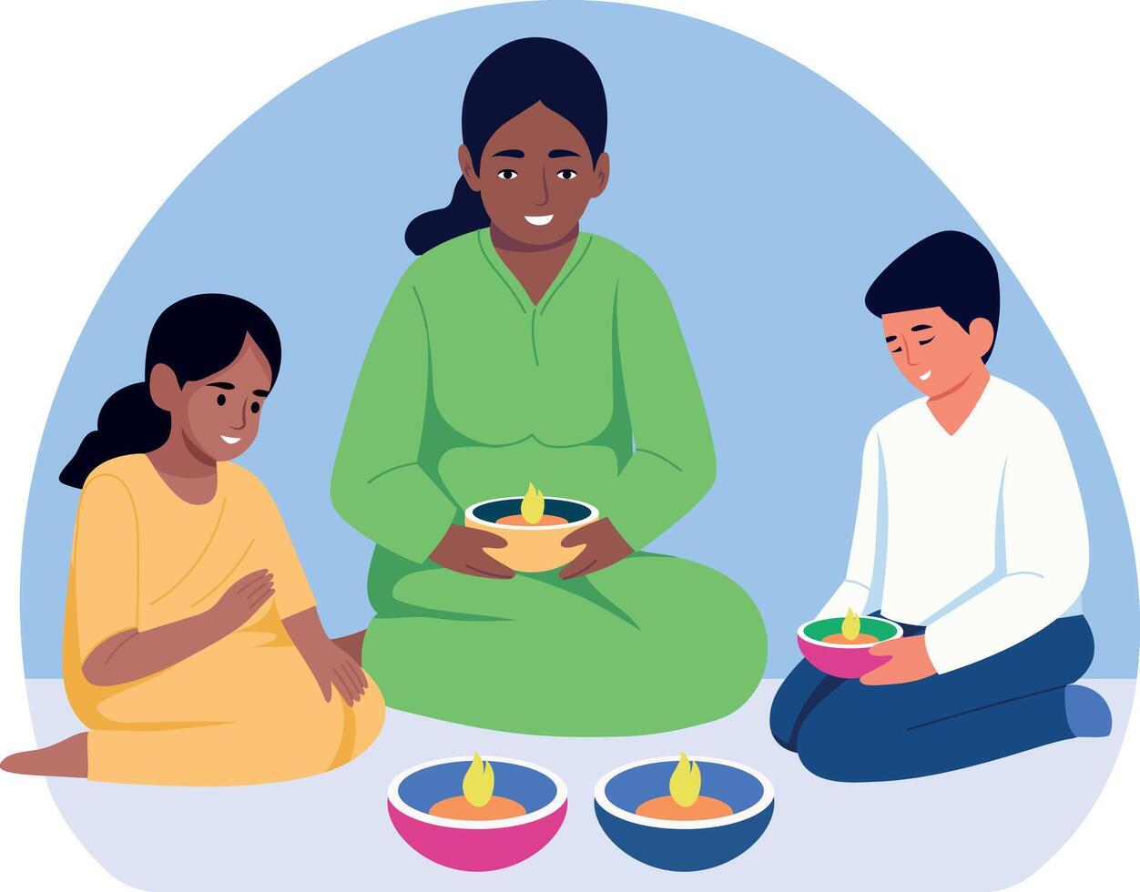 Flat style illustration showing a family celebrating diwali vector