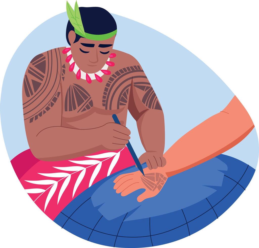 A character doing a polynesian tattoo, flat style illustration vector