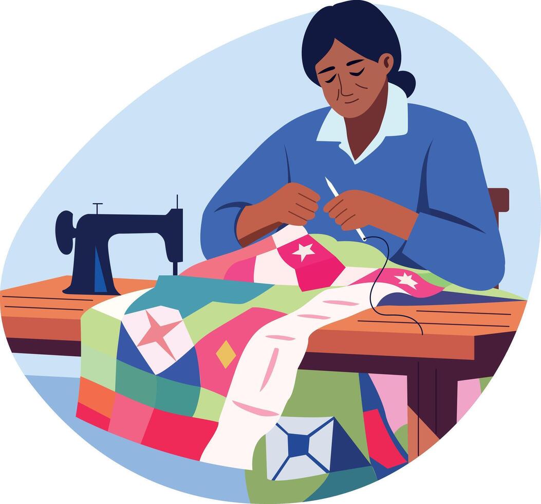 A flat style illustration showing a woman doing quilting vector
