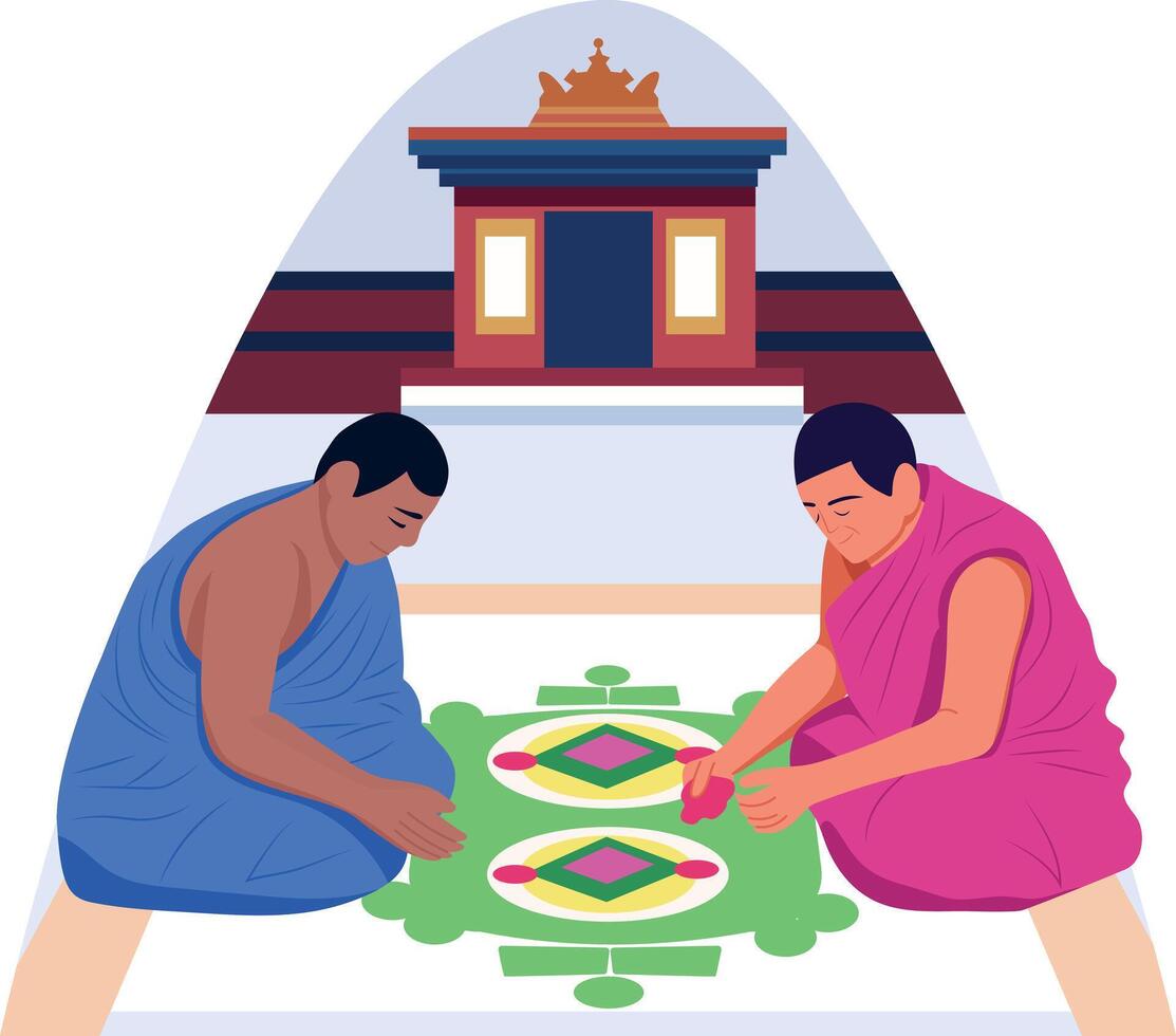 Flat style illustration showing two characters making sand mandala vector