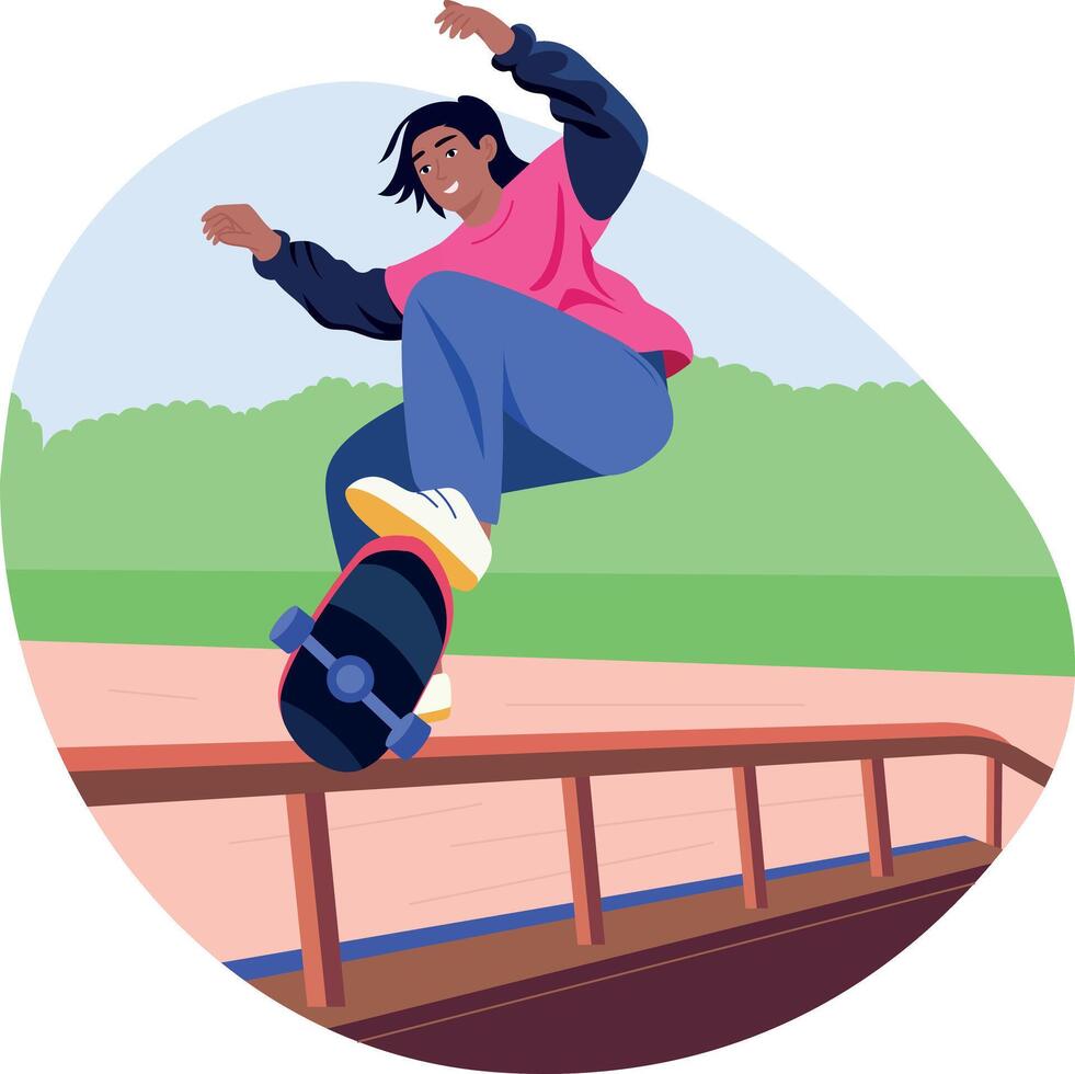 A young boy showing his skatepark tricks, flat illustration vector