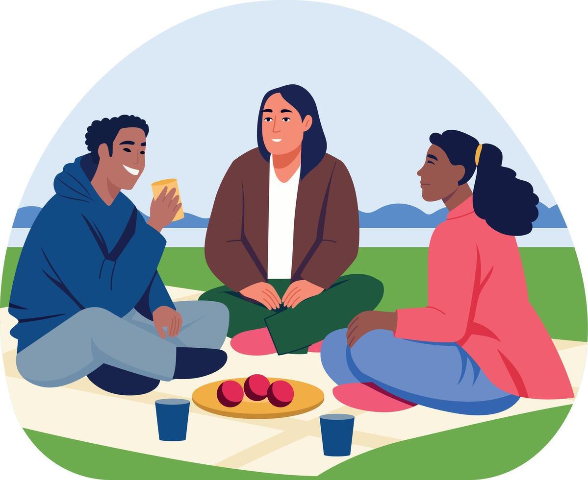 A group of friends enjoying picnic together, flat illustration vector