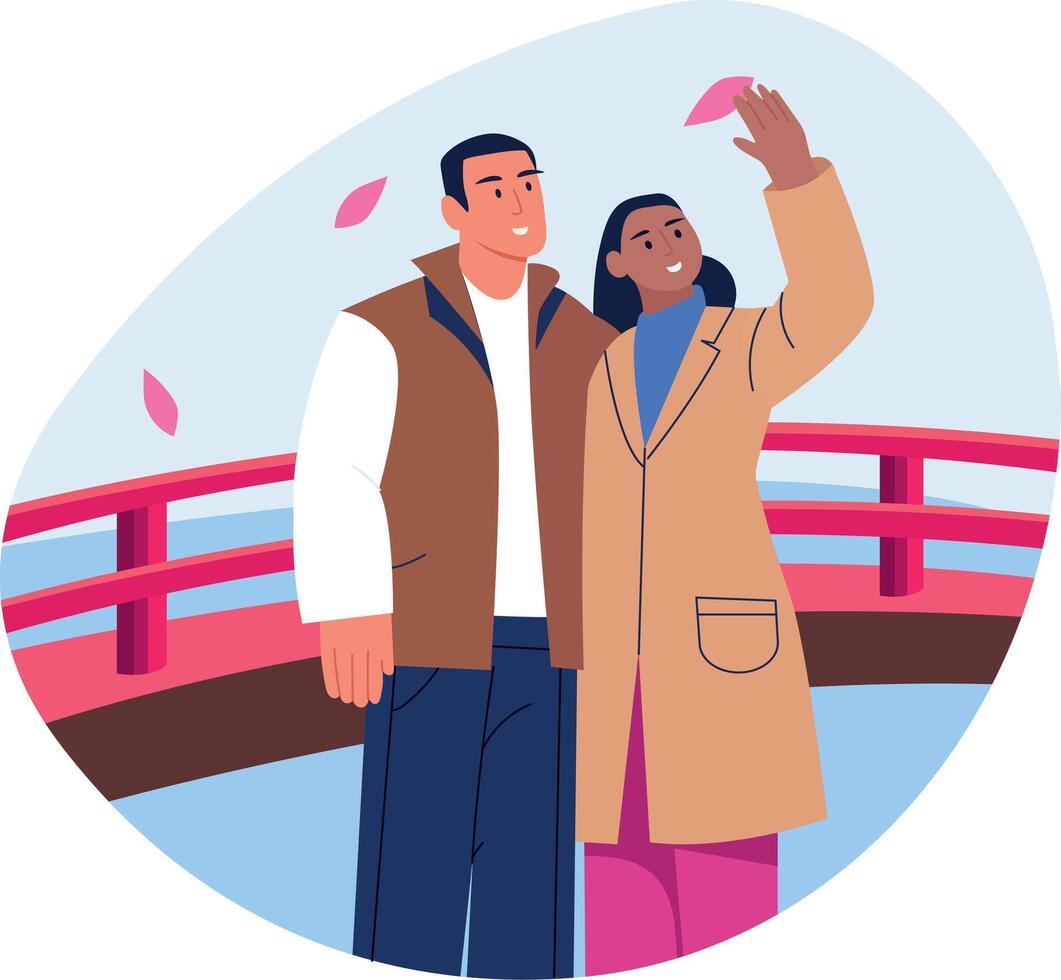A cute couple enjoying sakura festival, flat illustration vector