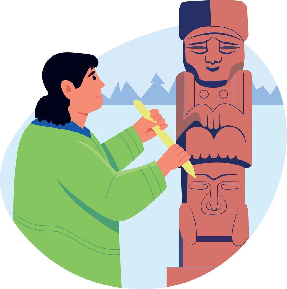 Flat illustration showing a character doing totem carving vector