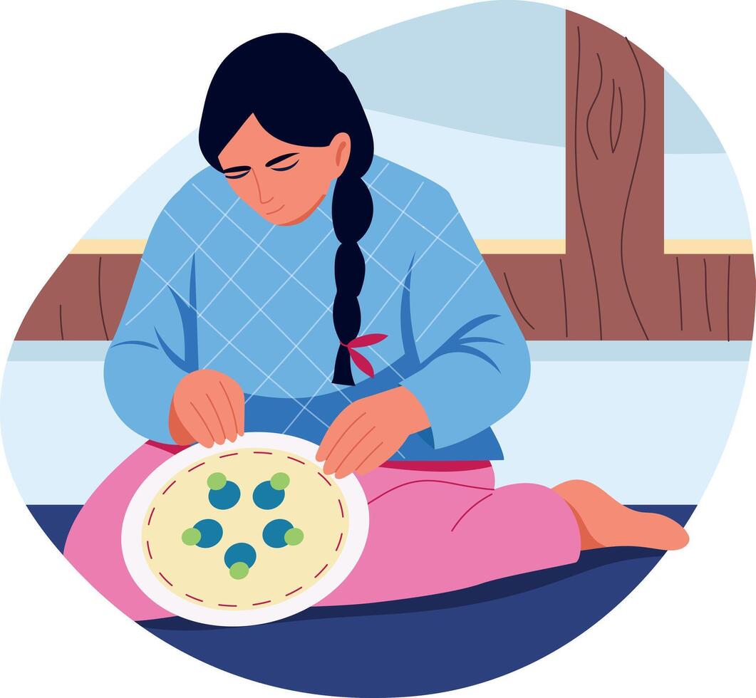 A woman doing a beadwork with needle, flat, style illustration vector