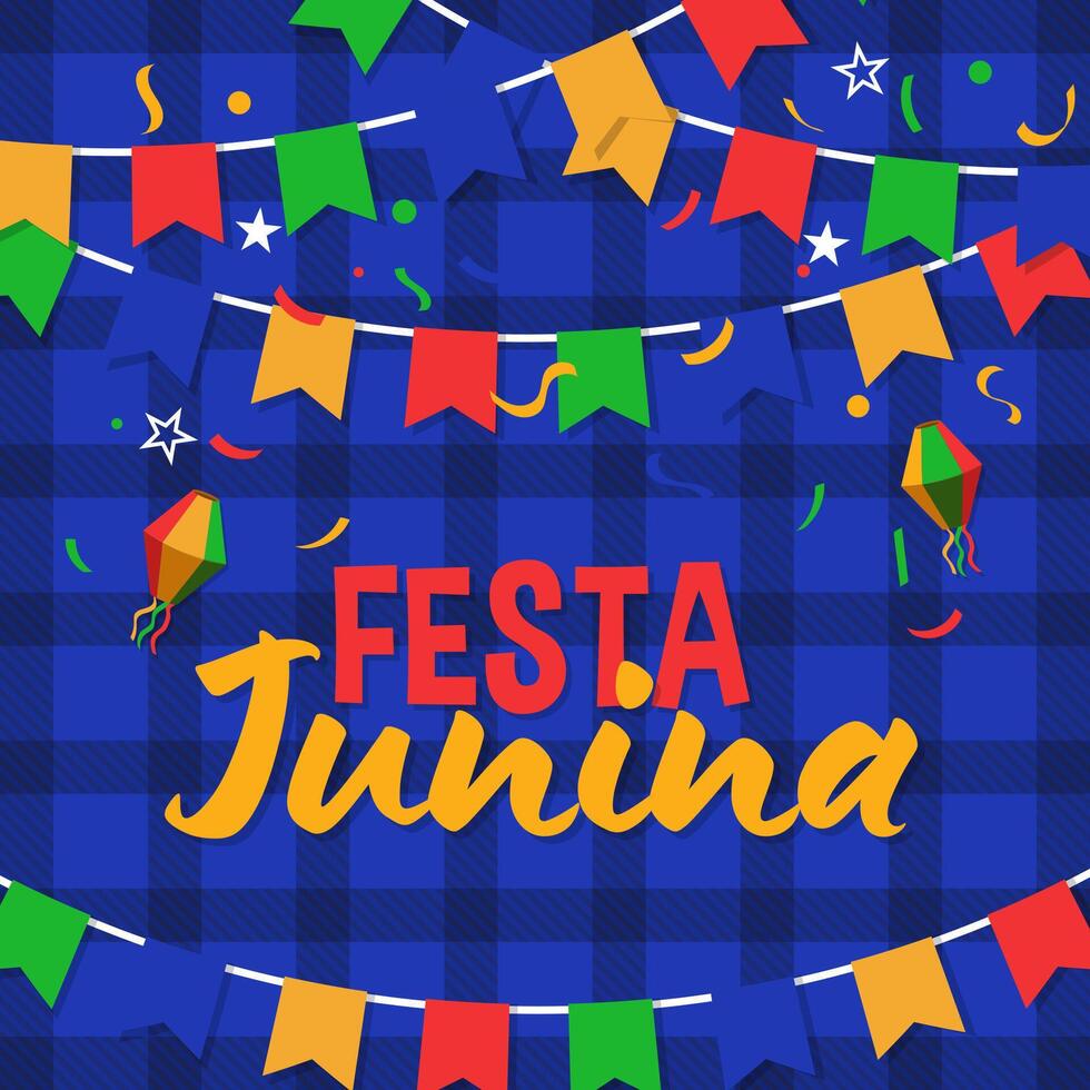 Festa Junina Illustration Poster Flyer with Party Flags and Paper Lantern. Social Media Post Template Design Background. vector