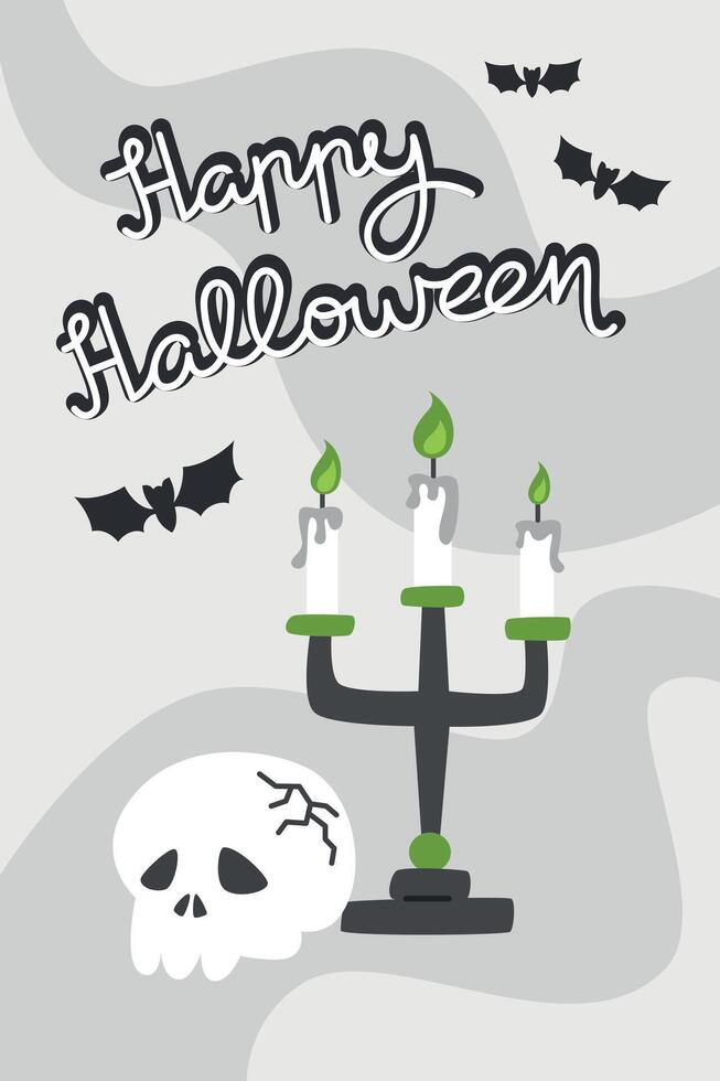 Happy Halloween Poster with Vintage Candlestick, Green Flame, and Broken Skull for Spooky Party. design template for cards, cover, banner, flyer, web, social media vector