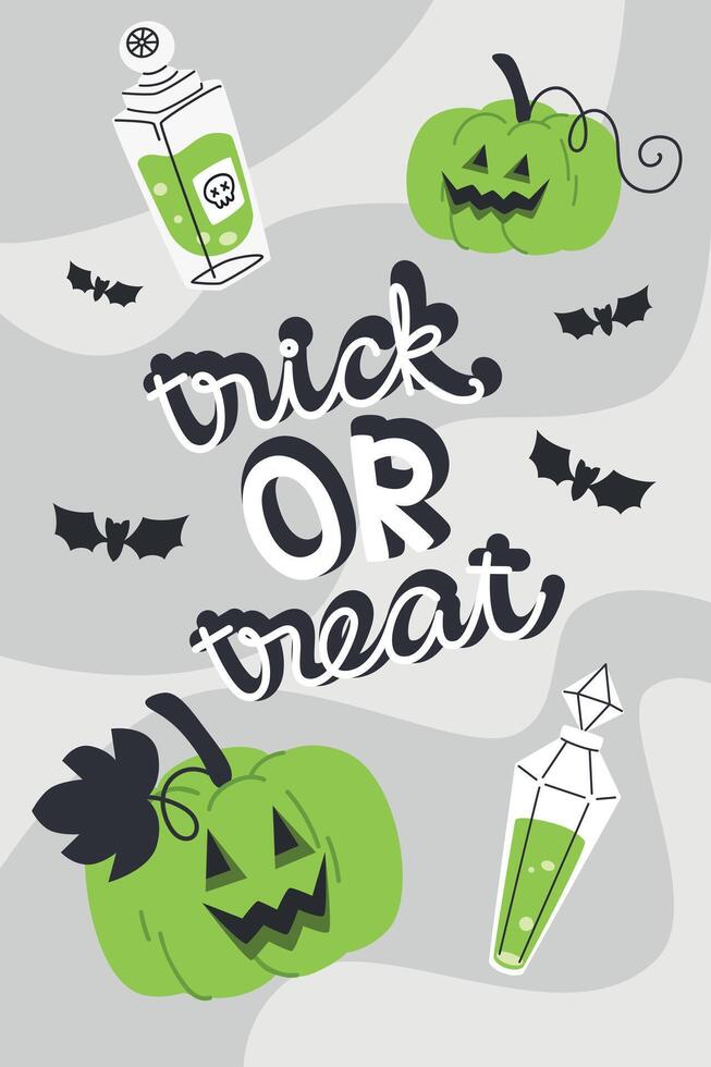 Halloween Poster with Green Jack-o'-Lanterns and Potion Bottles for Trick or Treat Theme. design template for cards, cover, banner, flyer, web, social media vector