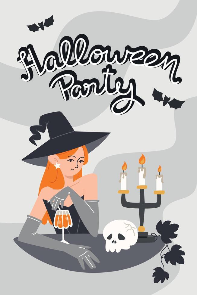 Halloween Party Poster with Red Witch Drinking Cocktail at Bar with Candlestick and Skull. design template for cards, cover, banner, flyer, web, social media vector