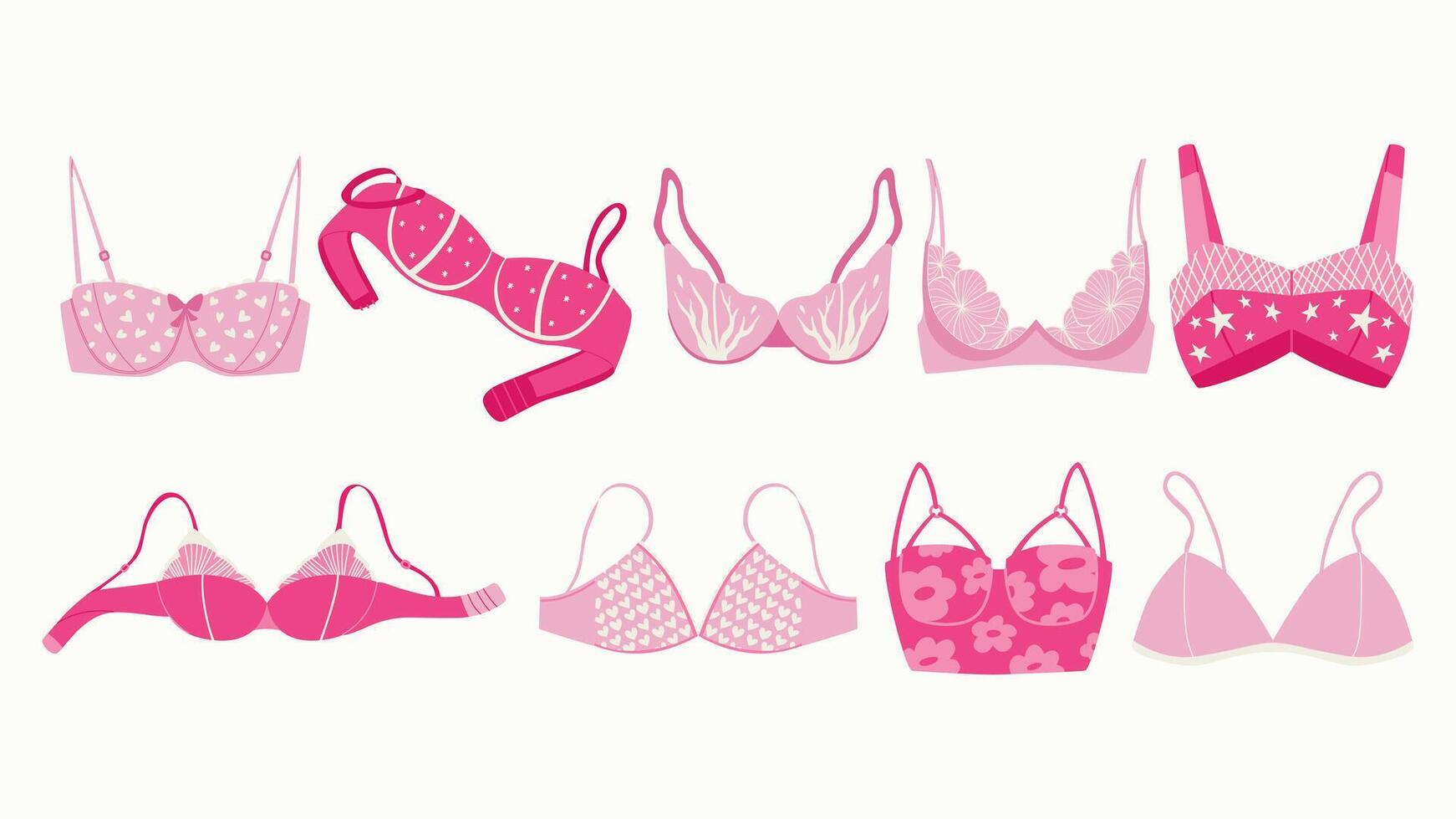 Flirty pink bras. Women's romantic lingerie. A set of romantic underwear. vector
