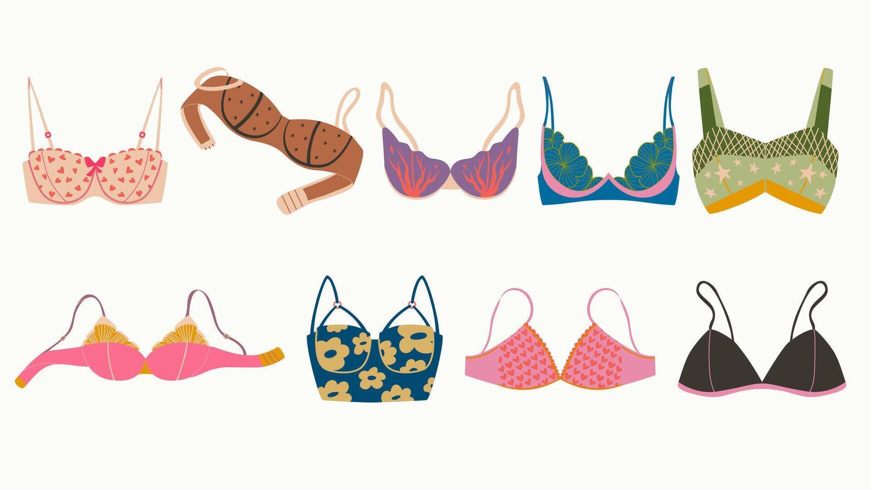 Set of bra, underwear for women. Fashion collection with various types of brassieres. vector