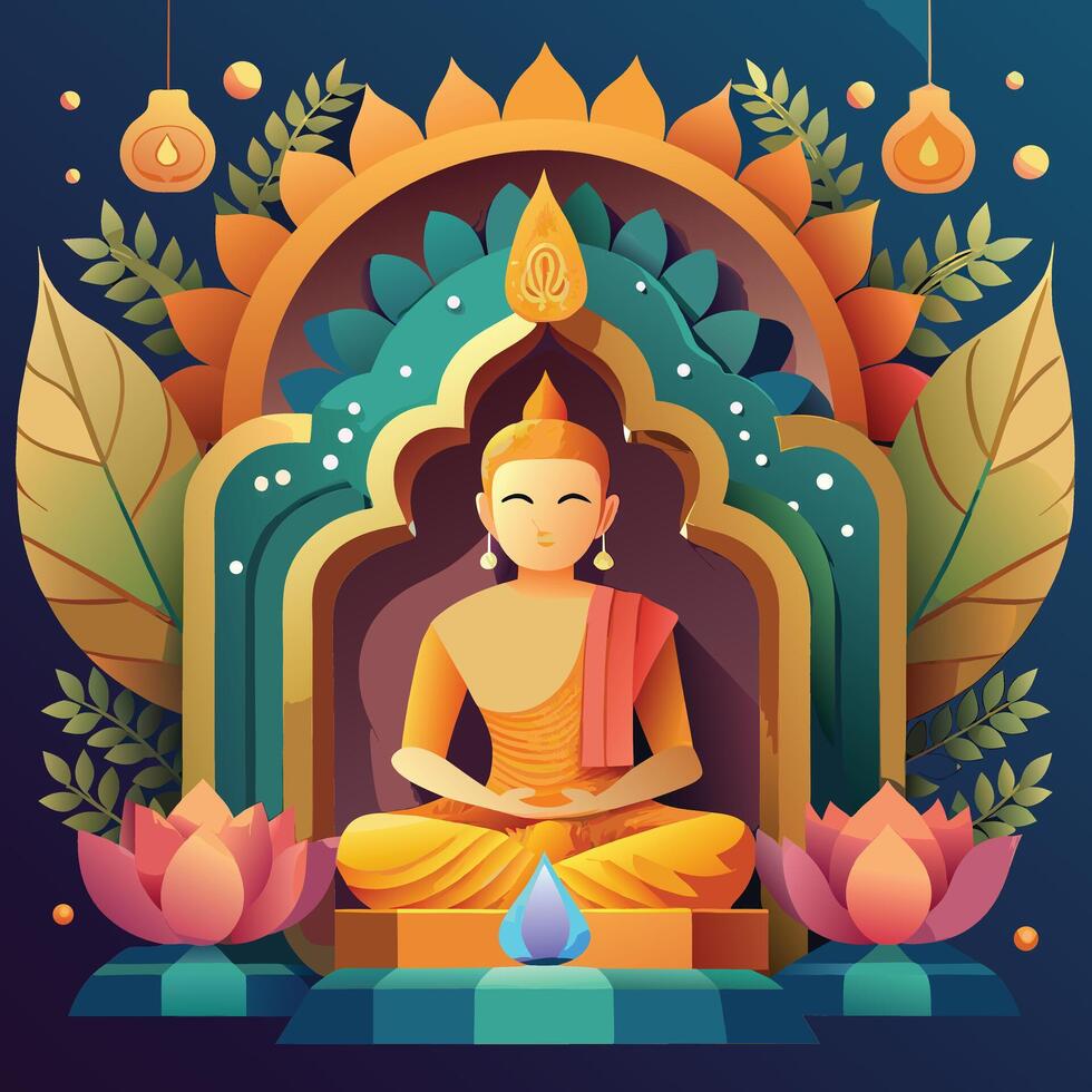 buddha in lotus position with flowers and light bulbs vector