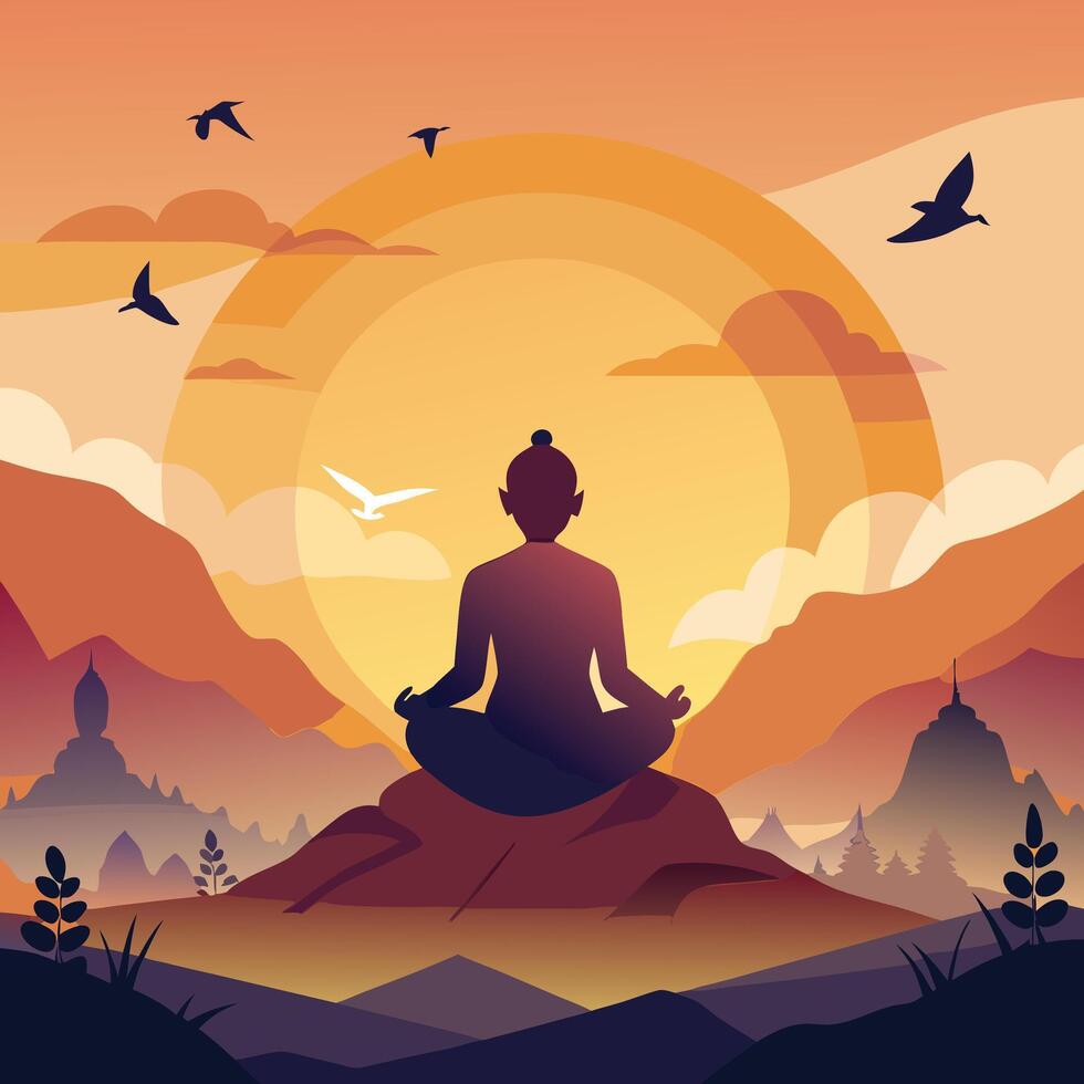 silhouette of buddha meditation in lotus position with mountains and birds vector